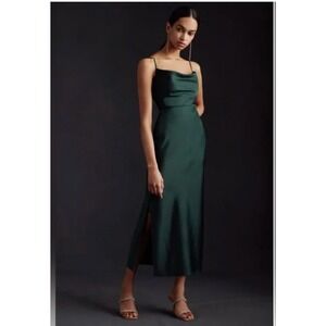 Anthropologie Sachin & Babi Cali Satin Cowl-Neck Midi Slip Dress Dark Green